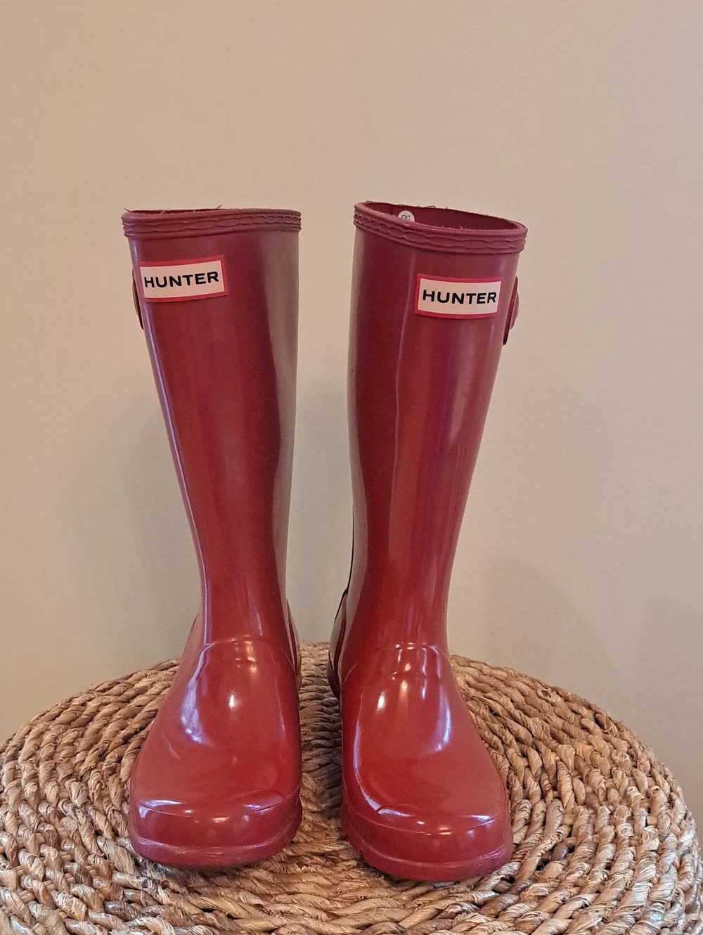 Hunter Youth Classic Preppy Gloss Cherry Red Wellie Rain Tall Buckle Boots B3/G4